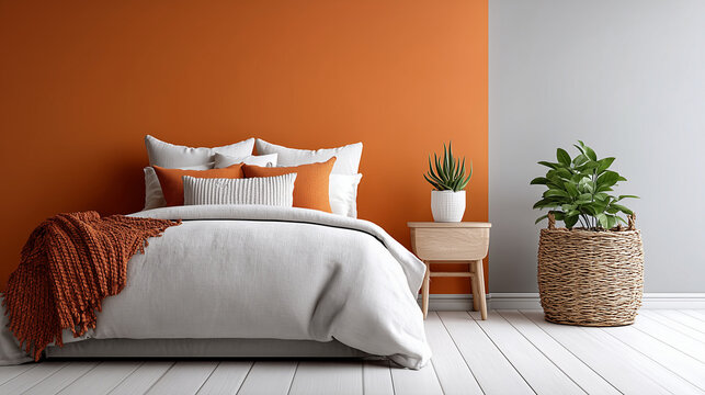 Close Up, Modern minimalist bedroom with orange wall decoration