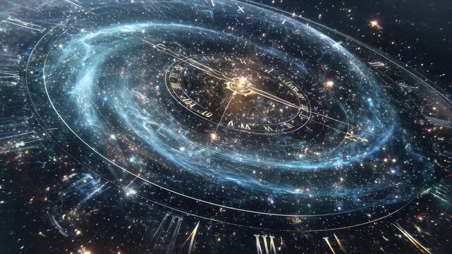Stunning cosmic clock in a vast galaxy with intricate designs and celestial wonders in motion