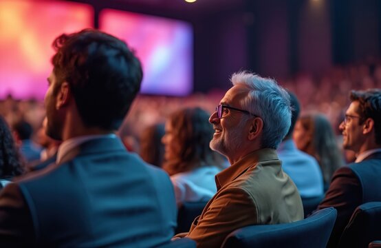 Men, women watch presentation on stage in modern conference hall with big screens. Audience listens attentively, focused on speaker. Diverse crowd attends corporate event for learning, networking