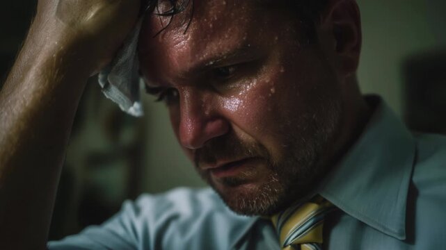Stressed and anxious businessman sweating profusely in a hot, dark room, wiping his forehead with a handkerchief as he looks down in despair, worry, and exhaustion after a long hard day