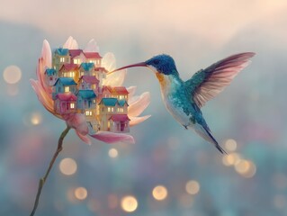Fototapeta premium Surreal digital painting of a hummingbird feeding from a flower with tiny houses