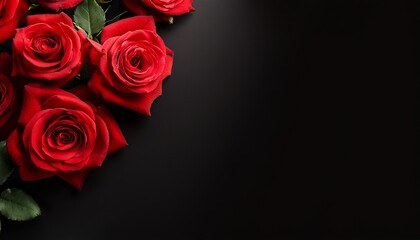 Top View And Close Up Image Of Beautiful Blooming Red Rose Flowers In Corner On Black Background With Copy Space