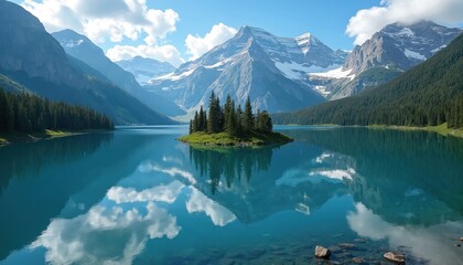 Spirit Island in Maligne Lake reflects in calm turquoise water. Snow-capped mountains, pine tree forest surround clear pond. Summer landscape in national park, popular travel destination for hiking,