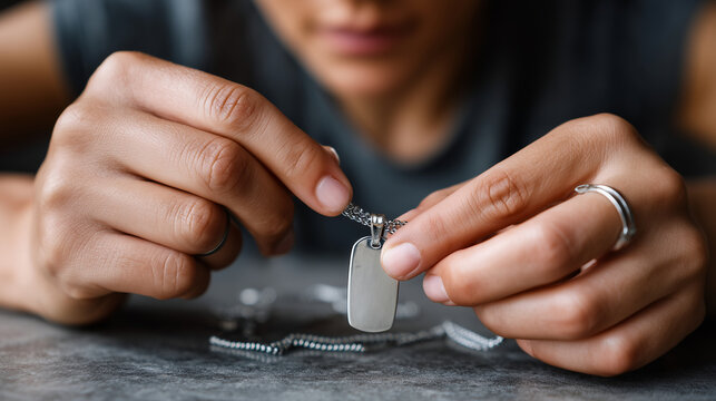 Faceless soldier polishing metal dog tags, hands in focus, emotional tone of reflection and pride, with copy space.