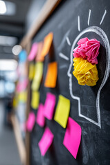Close Up, Creative brainstorming session with sticky notes on chalkboard head, idea generation