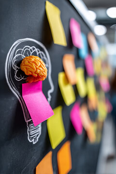 Close Up, Creative brainstorming session with sticky notes on chalkboard head, idea generation