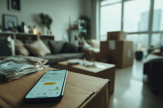 Smartphone with delivery tracking app on cardboard box in modern living room, concept of online shopping, logistics and parcel delivery
