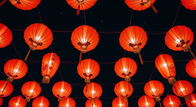 Illuminated Red Lanterns Celebrating Chinese New Year Festival - Powered by Adobe