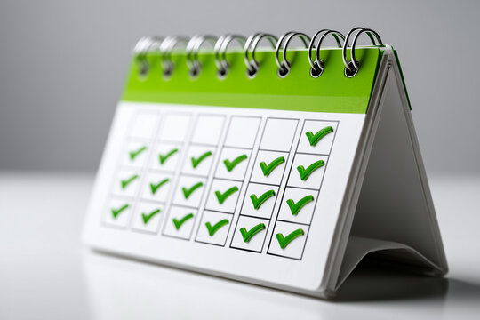 a 3D illustration of a desk calendar with bright green top binding rings and green check marks on several date squares, white and white color palette, smooth plastic texture, minim