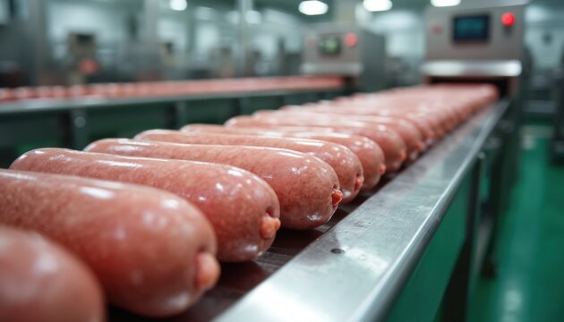 Fresh raw sausages move along conveyor belt in modern meat processing factory. Food production line machinery prepares delicious deli products for grocery stores. Industrial plant hygiene ensures