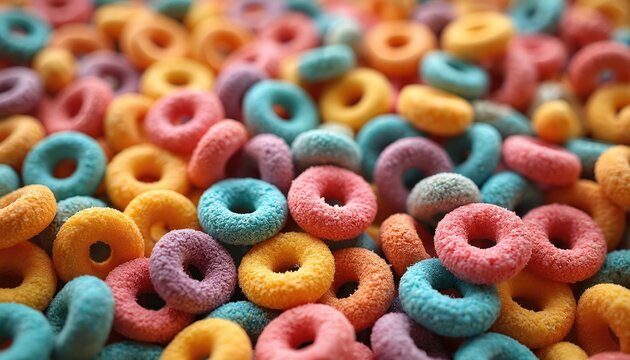 Close up photo of multicolored cereal rings. Brightly colored breakfast food in rings. Sweet cereal snack background. Healthy breakfast concept food illustration. - Powered by Adobe
