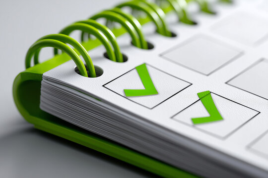 a 3D illustration of a desk calendar with bright green top binding rings and green check marks on several date squares, white and white color palette, smooth plastic texture, minim