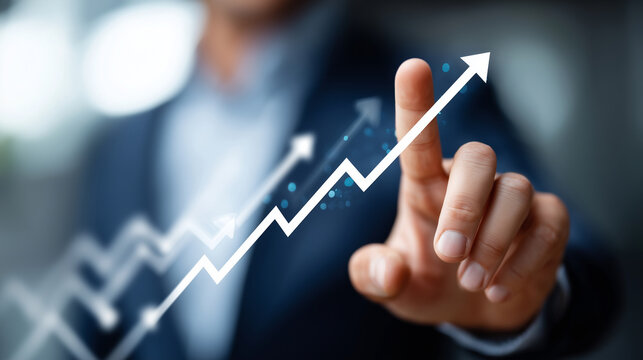a businessman touching upward arrows on a virtual screen, showing an upward-trending graph with digital financial data and a business growth concept in the background.