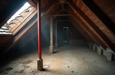 Dark dusty attic room interior in old house. Loft space with wooden beams under roof. Sunlight through window illuminates beams. Renovation or repair in home. Warehouse construction details.