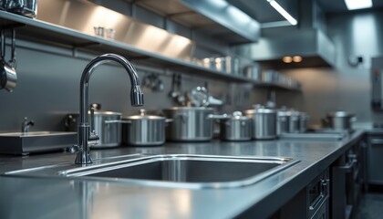 Pro stainless steel kitchen with shiny faucet and sink. Pots, pans, and utensils arranged neatly on shelves and counters. Industrial food prep area.