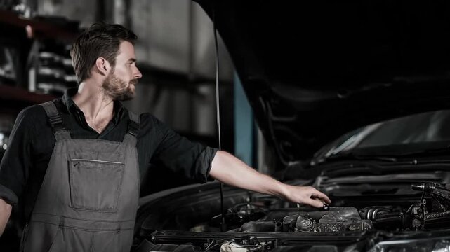 Mechanic working on car engine in garage during daytime, focused on repairs and maintenance tasks