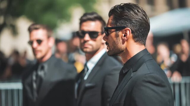 Men in black suits with sunglasses standing confidently at a formal event outdoors during daytime