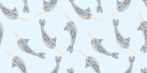 Funny narwhals swim playfully across a blue background, whimsical design ideal for children's decor or fabric