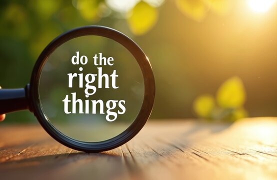 Hand holds magnifying glass over wooden surface. Phrase right things clearly seen, magnified. Ethical conduct, important business decisions, good choices, moral behavior, integrity, right action.