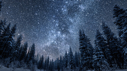 Christmas night sky full of stars above snowy forest 