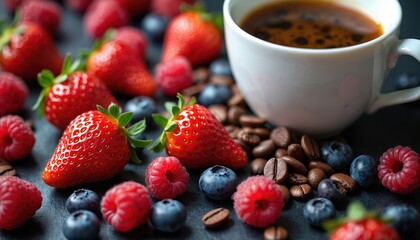 An attractive photo of berries coffee beans and a white cup. Fresh strawberries raspberries blueberries and coffee beans are on a table. Healthy breakfast or snack concept.