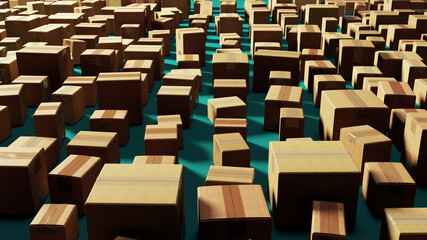 Cardboard Chaos: A Tangle of Boxes Against a Teal Backdrop