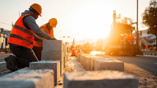 Workers laying concrete blocks during sunset on a busy road construction site in an urban area