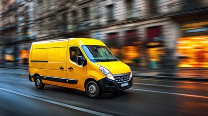 Stunning photo of yellow delivery van driving on a city street with motion blur.