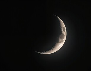 Crescent moon shines brightly in the dark night sky. Lunar surface craters are visible on the bright edge. Space object orbits Earth, showing moon phase.