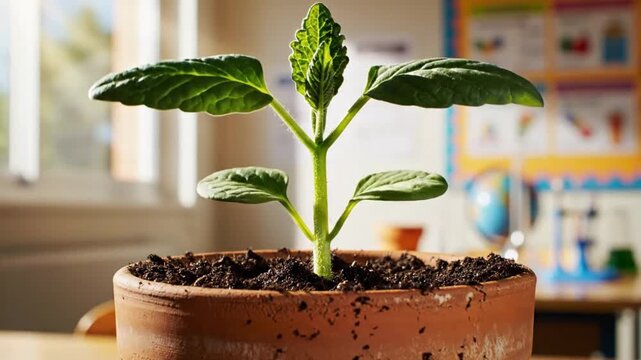 Vibrant young plant thriving in a classroom setting, symbolizing growth, learning, and future potential