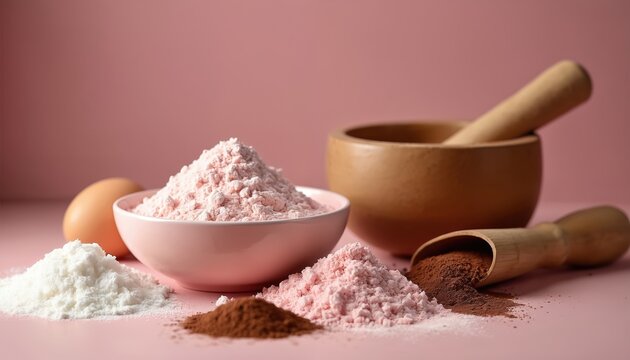 Baking concept illustration presents assorted ingredients. Flour, sugar, cocoa powder for pastry. Egg, utensils ready for mixing batter on pink background. Sweet dessert culinary recipe preparation.