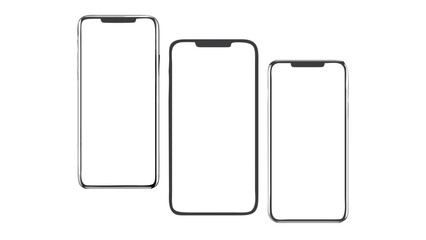 Three modern smartphones with blank white screens arranged in a row on a plain background view
