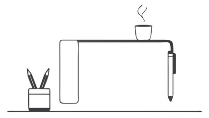 A simple line drawing of a desk with a cup of coffee, pencils, a screen, and a pen hanging off the side