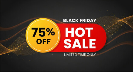 An eye-catching sale banner announces a Black Friday Hot Sale with a generous 75% discount, presented against a sleek backdrop to entice customers. vector illustration