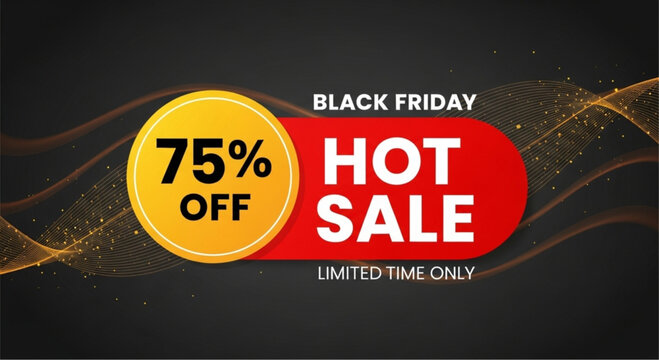 An eye-catching sale banner announces a Black Friday Hot Sale with a generous 75% discount, presented against a sleek backdrop to entice customers. vector illustration