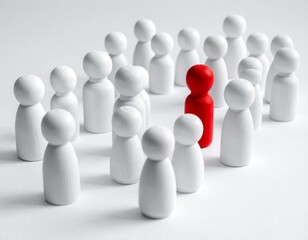 Red Wooden Peg Doll Standing Out in a Crowd of Neutral/White Wooden People Figurines, Symbolizing Uniqueness