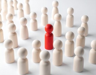 Red Wooden Peg Doll Standing Out in a Crowd of Neutral/White Wooden People Figurines, Symbolizing Uniqueness