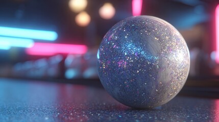 A sparkling bowling ball reflects colorful lights in an energetic bowling alley during nighttime.