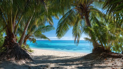Fototapeta premium Sunlight filters through palm leaves casting shadows on a serene beach with crystal clear waters.