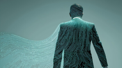 Futuristic business leader merging with digital circuit network, AI integration and technology leadership