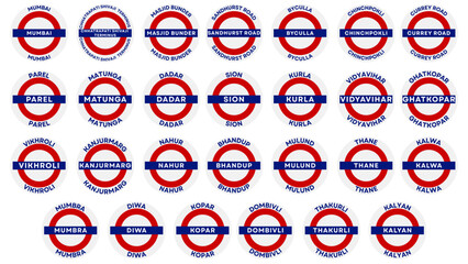 Collection of Vector illustrations of Mumbai local train central line station name boards with red-blue circular design, perfect for maps, posters, travel, and transport graphics.