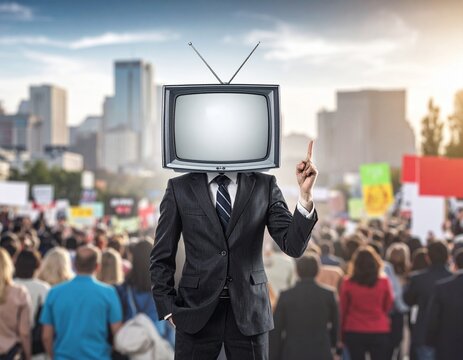 Conceptual Image of a Person in a Suit with a Retro TV for a Head, Standing in a Crowded Protest or Urban Scene