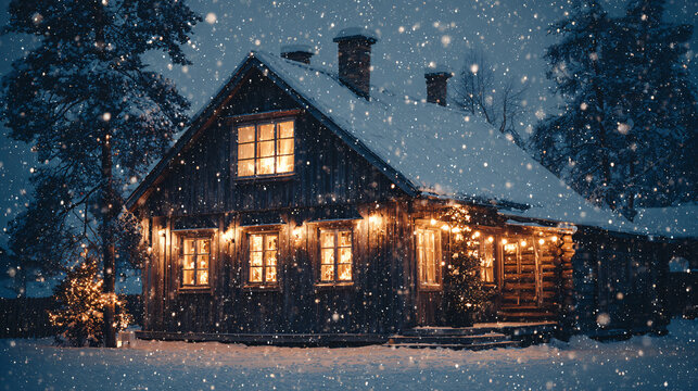 Christmas night snowfall on rustic wooden house 