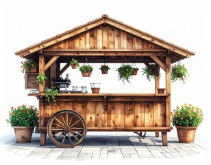Rustic Wooden Market Stall or Cart with Hanging Flower Baskets and Coffee Setup, Isolated on a White Background