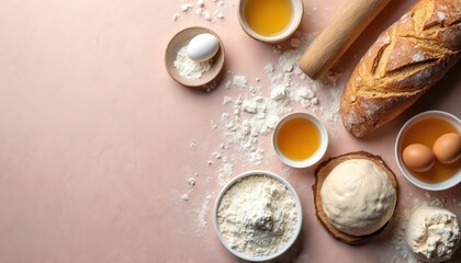 Baking ingredients sit on pink table. Fresh flour, eggs, oil, dough are ready. Wooden rolling pin, baked bread loaf complete scene for making homemade treats. This simple cooking setup is clean.