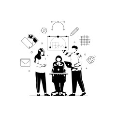 Professional design team collaborating on a digital graphic project using laptops surrounded by creative tools in a modern flat illustration