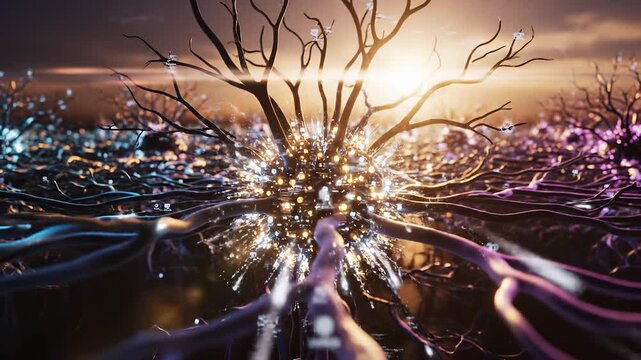 A vibrant network of neural connections emerges as light sparkles through the intricate fibers. This stunning neural network reflects the complexity of communication within the bra