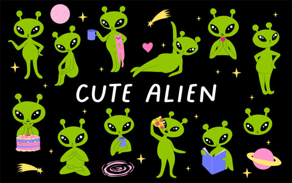 Cute and Sassy Alien Set &ndash; Reading, Holding Cat, Eating Pizza, Drinking Tea or Coffee, and Meditating