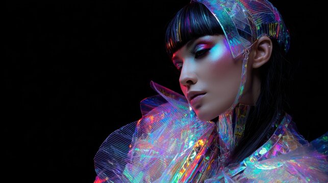 A model showcases striking futuristic attire featuring colorful reflective materials illuminated in dark surroundings. - Powered by Adobe