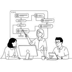 Three diverse professionals collaboratively discussing a detailed digital workflow process flowchart on a large screen in a modern office meeting